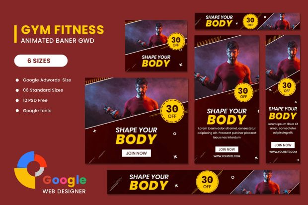 Gym Fitness Google Adwords HTML5 Banner Ads GWD