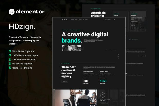 HDzign - Dark Digital Agency Elementor Template Kit